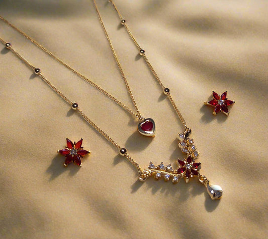 Ruby Bloom Double Chain Layered Necklace Set