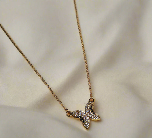 Gold Plated Butterfly Pendant Necklace – Crystal Charm, Adjustable Chain
