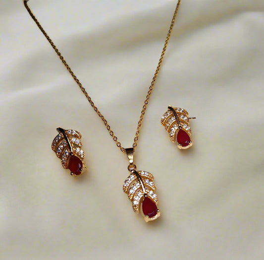 Gold Plated Leaf Pendant and Earring Set with Red Stone