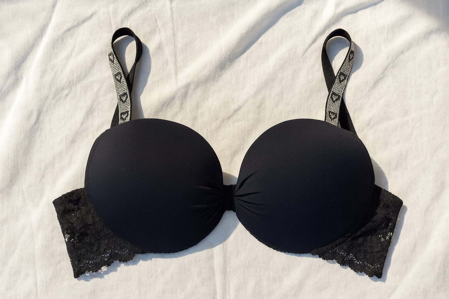 Elegant Black Padded Bra with Crystal Straps