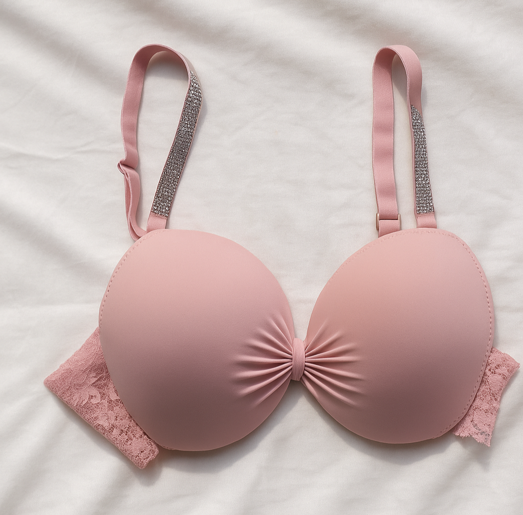 Blush Pink Padded Bra with Crystal Straps