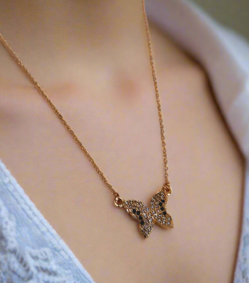 Gold Plated Butterfly Pendant Necklace – Crystal Charm, Adjustable Chain