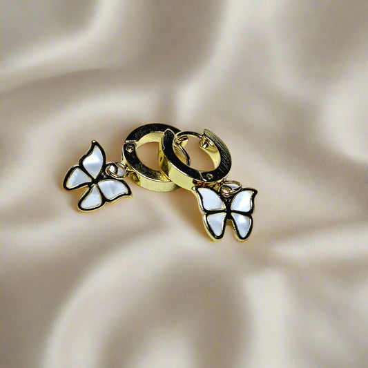 Gold-Plated White Butterfly Hoop Earrings