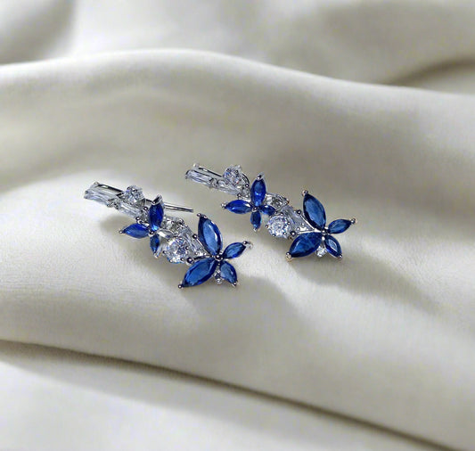 Silver-Tone Blue Sapphire Flower Drop Earrings