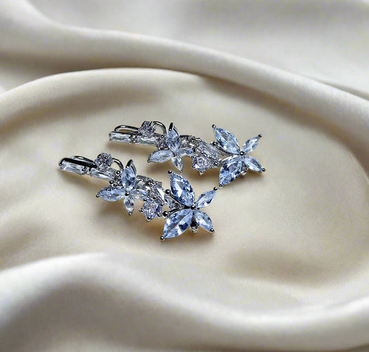 Silver-Tone Crystal Flower Drop Earrings