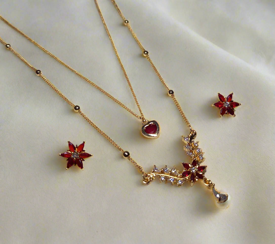Ruby Bloom Double Chain Layered Necklace Set